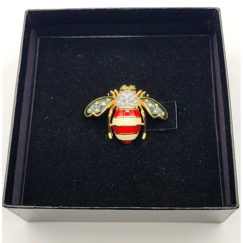 JOAN RIVERS PATRIOTIC‎ BEE RED WHITE BLUE ENAMEL BROOCH PIN WITH BOX